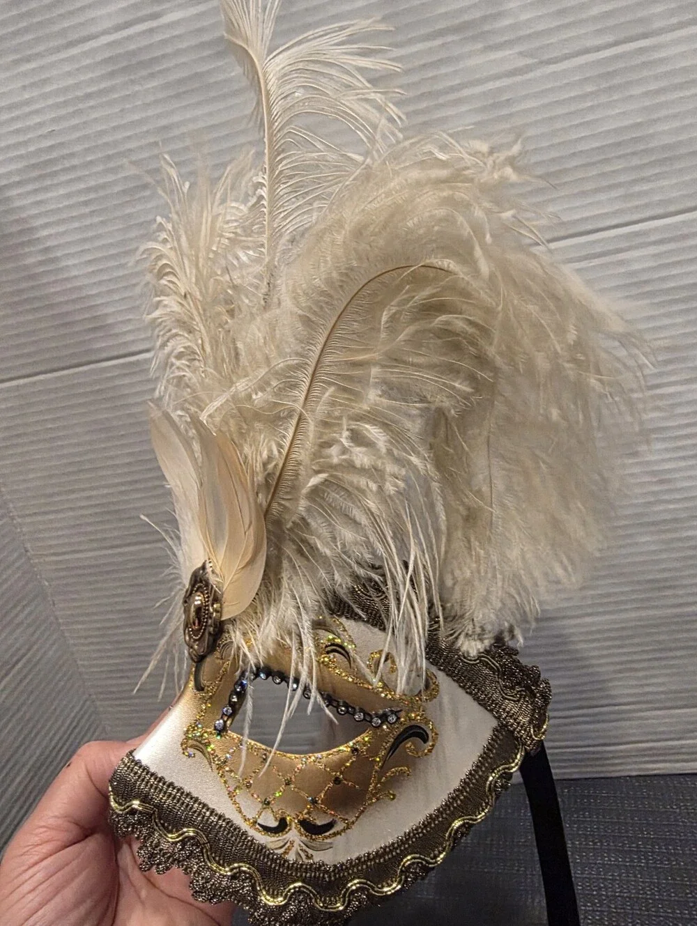 Gold and Cream Feathered Venetian Masquerade Mask.